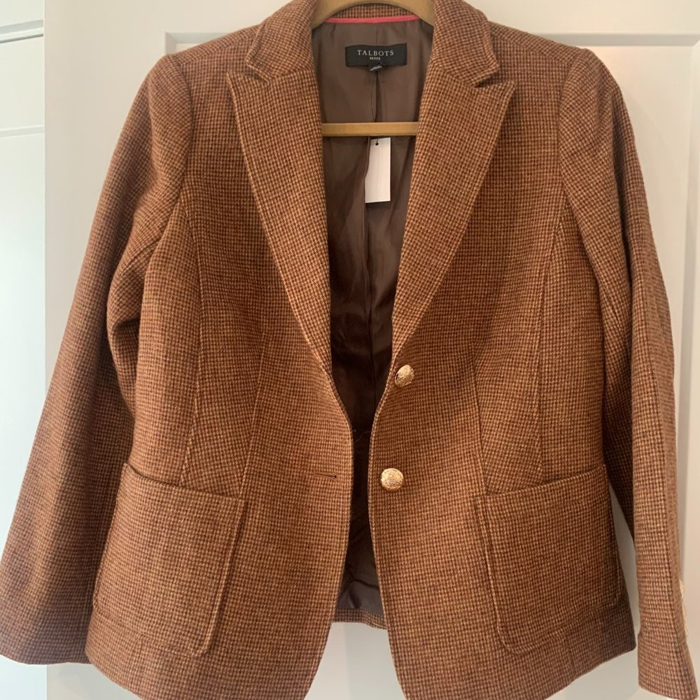 Talbots Shetland Blazer in Tan/Brown Houndstooth